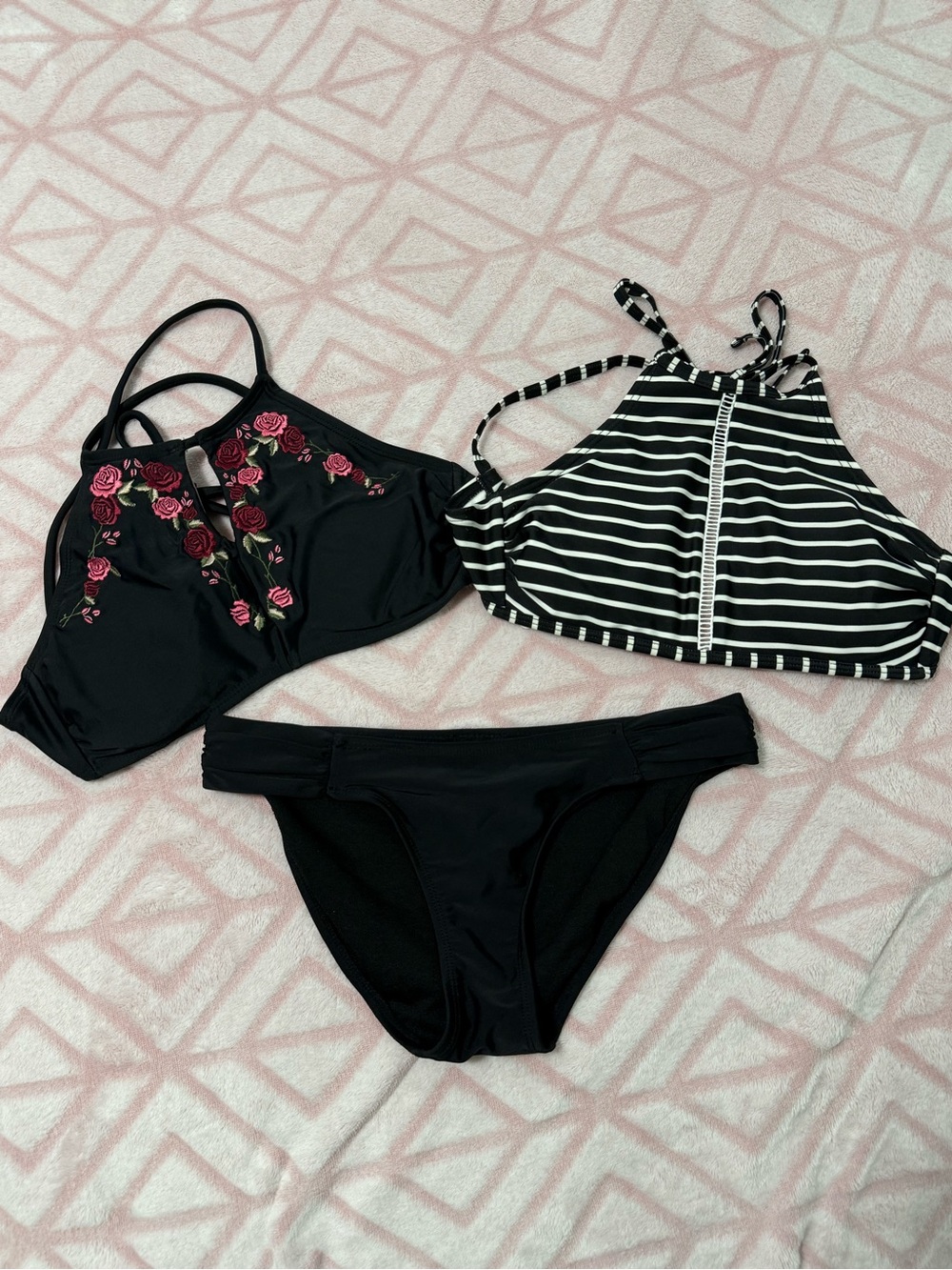 Xhilaration 3 pc. Black Bikini Set with Floral Embroidery & Striped Halter sz.S